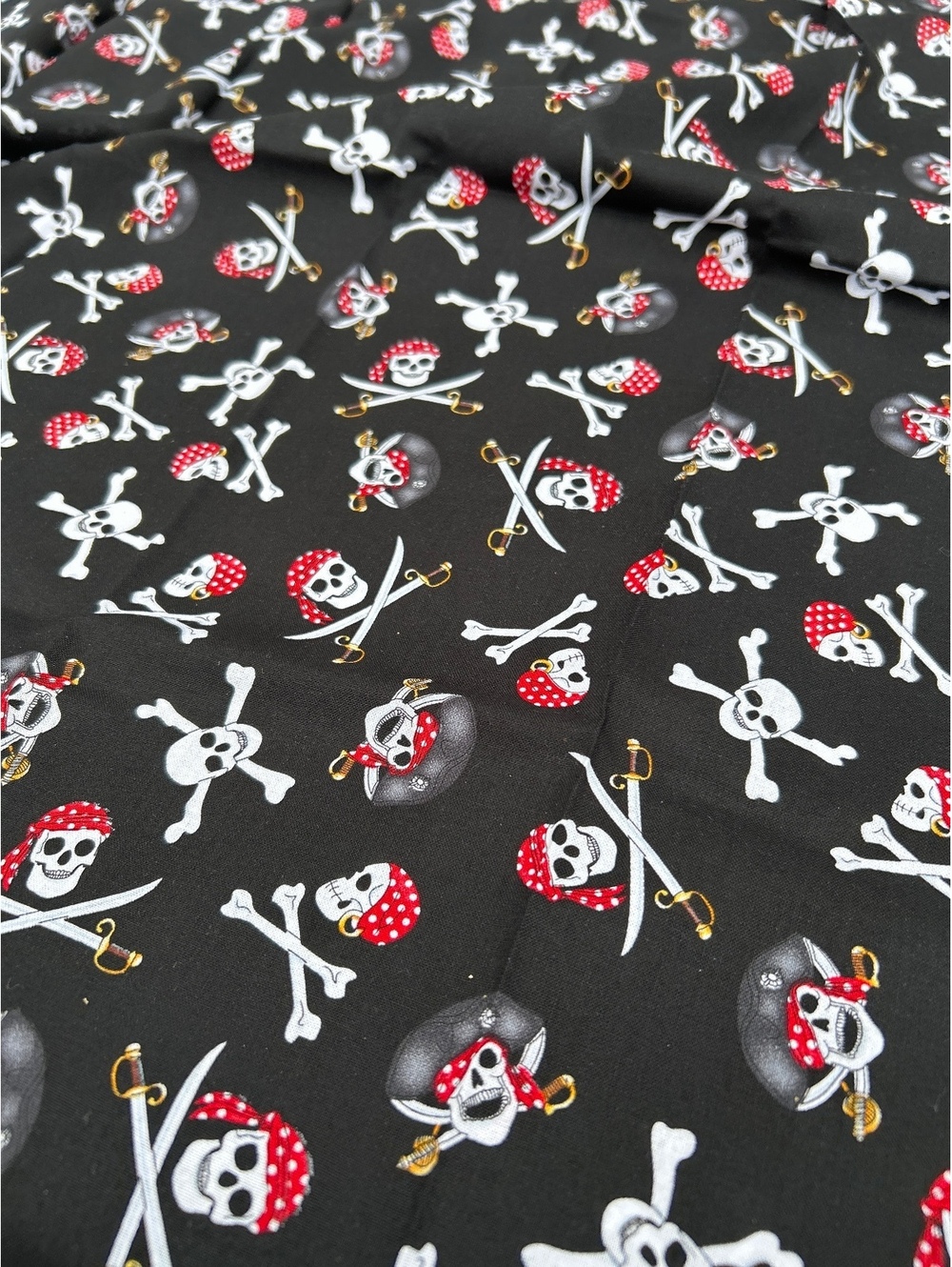 Pirate Skull and Crossbones Print Fabric Black Background